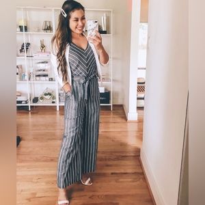 Loft Tie Waist Striped Wide Leg Cropped Sleeveless Linen Jumpsuit Size 8